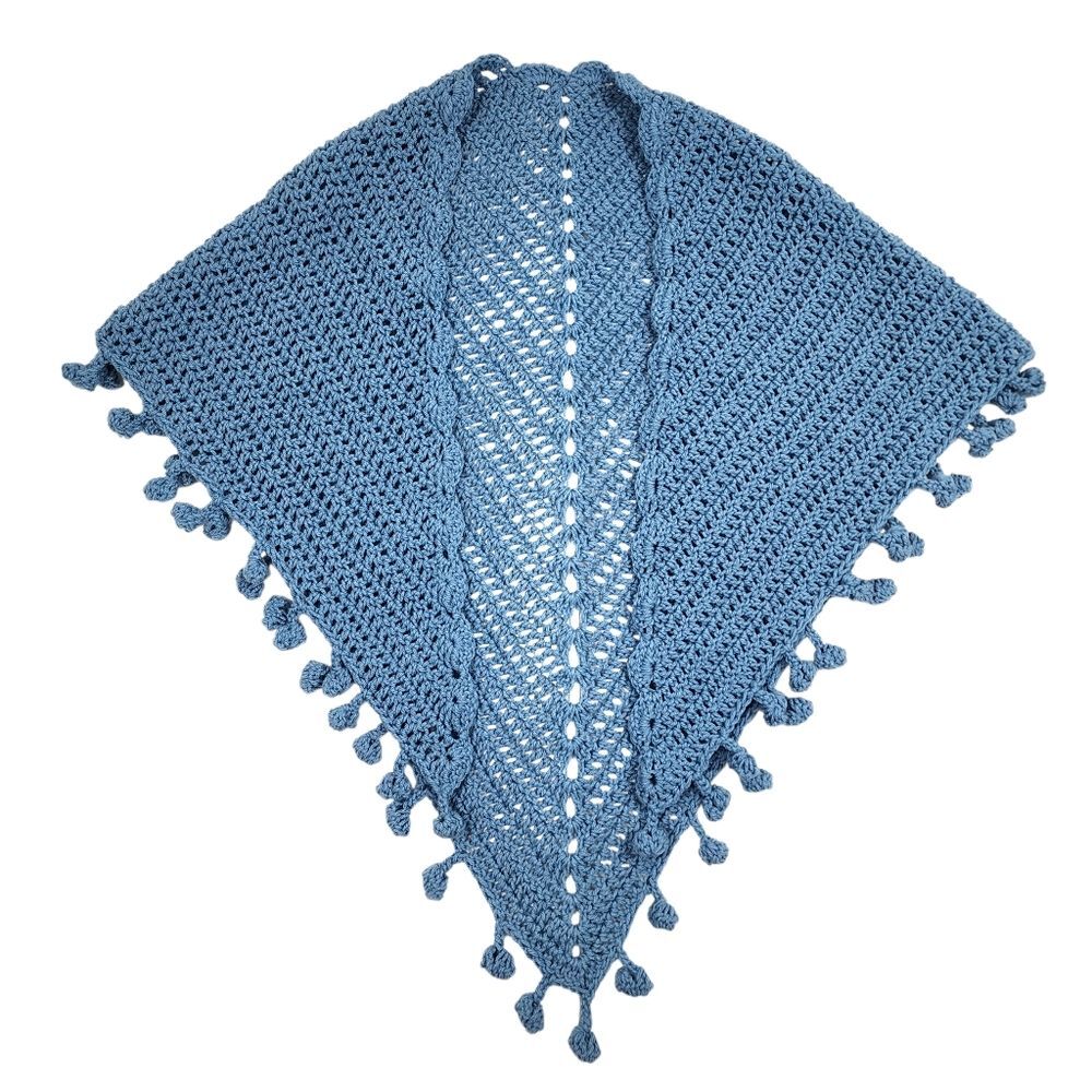New Handmade Crochet Triangle Blue Shawl Pom Pom Wrap Boho Chic Poncho
